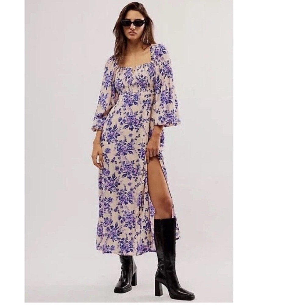 Free People Cream Maxi Dress with Purple Floral Print